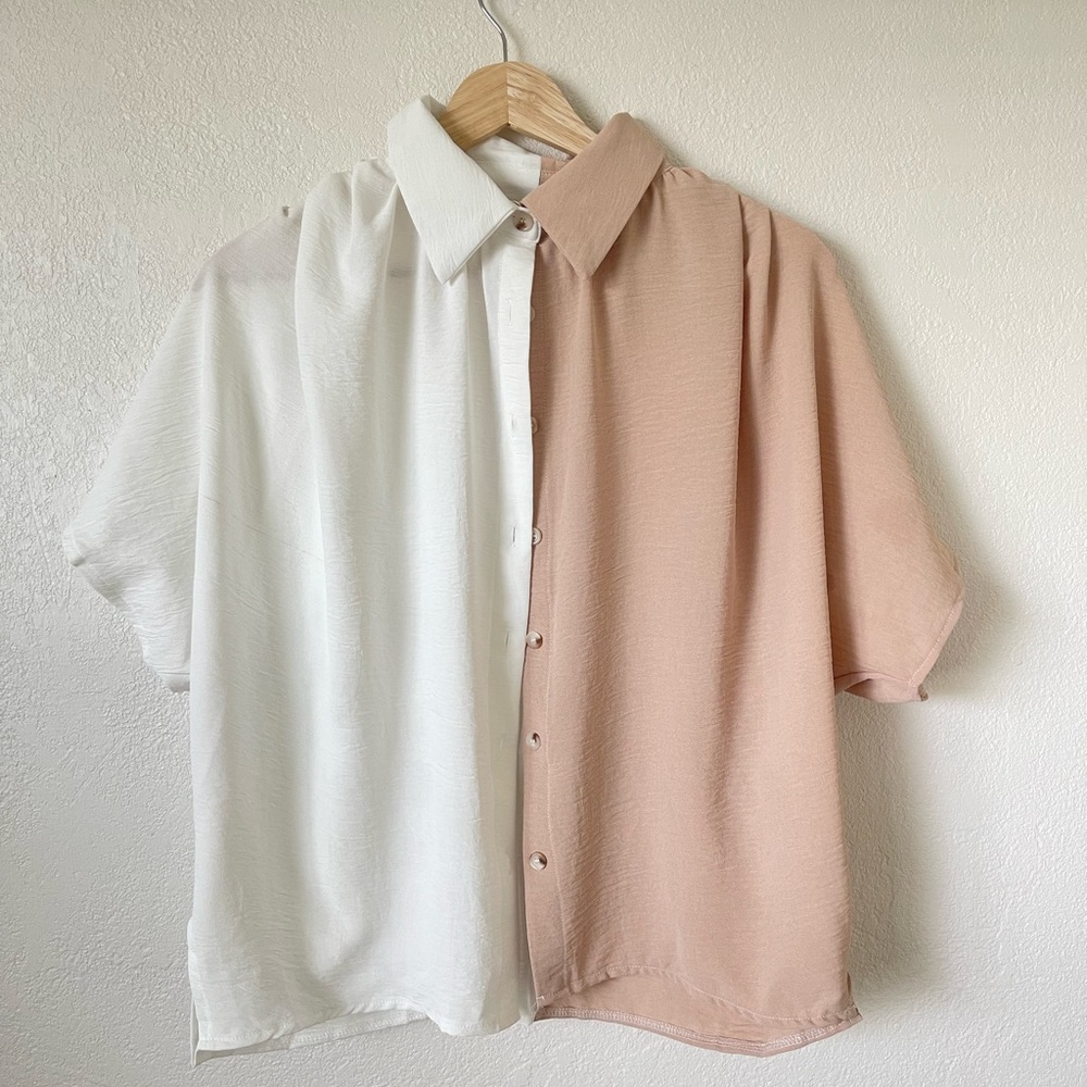 NWOT Dual Tone White and Tan Button Up Blouse - Picture 3 of 7
